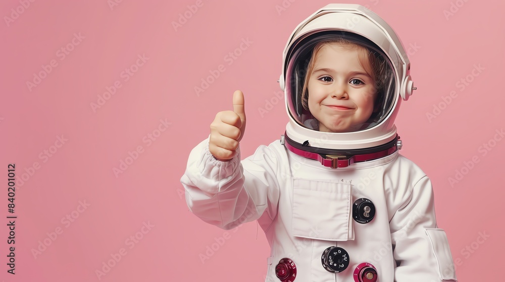 Smiling child in astronaut suit giving thumbs up against pink background, symbolizing space exploration dreams and future aspirations. Smiling child in astronaut suit giving thumbs up against pink background, symbolizing space exploration dreams and future aspirations.