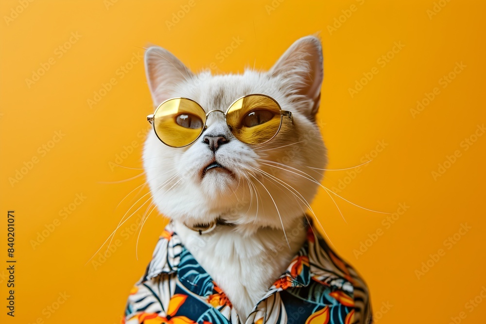 Fashionable White British Cat Wearing Sunglasses and Shirt Against Yellow Studio Backdrop
