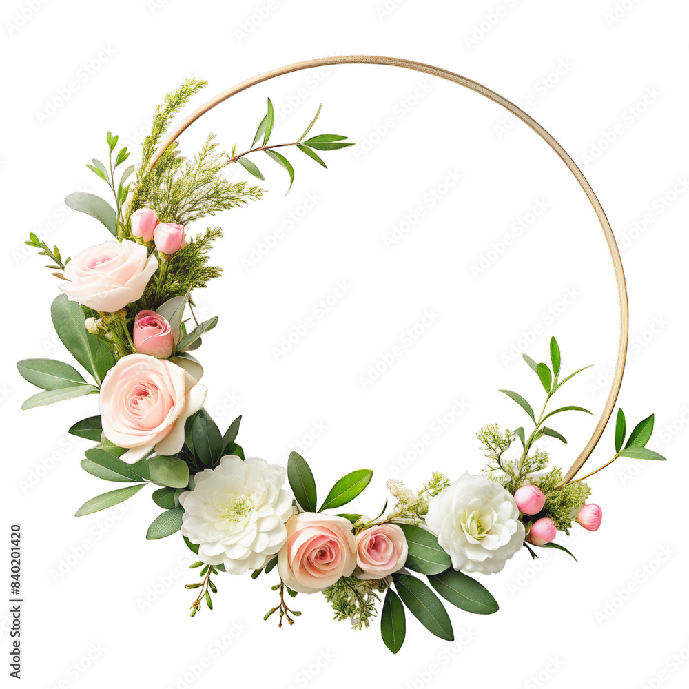 Wreath with beige rose. Floral design decor for greeting or wedding card. Round frame made of branches. Wreath with beige rose. Floral design decor for greeting or wedding card. Round frame made of branches.