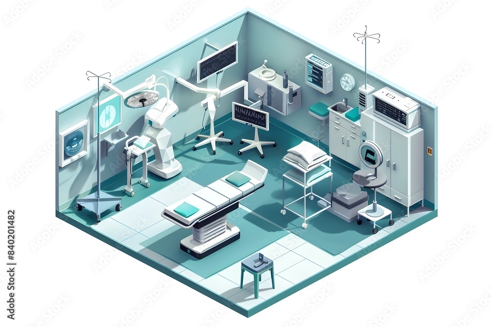 Isometric Rendering of a Stylish and Technologically Advanced Medical Operating Room Interior Isometric Rendering of a Stylish and Technologically Advanced Medical Operating Room Interior