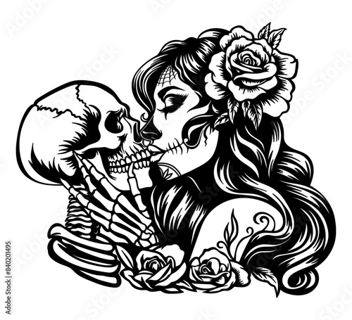 Day of the dead sugar skull girl kissing skeleton svg
drawn in adobe illustrator