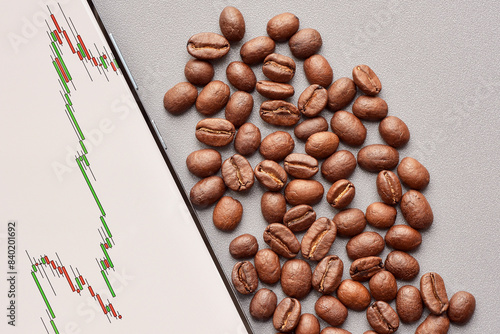 Photograph of the coffee beans and candlestick growing price chart on mobile phone. Coffee is one of the most traded agricultural commodities in the world.