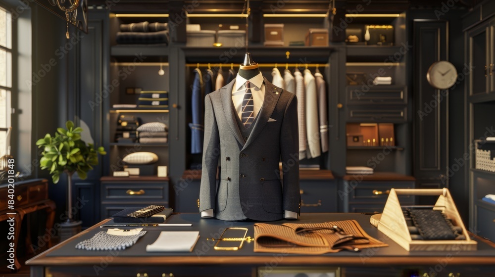 Dapper Gentlemen Custom Tailor Shop with Stylish Suits Measuring Tapes and Fabric Samples Business Cards Mockup Dapper Gentlemen Custom Tailor Shop with Stylish Suits Measuring Tapes and Fabric Samples Business Cards Mockup