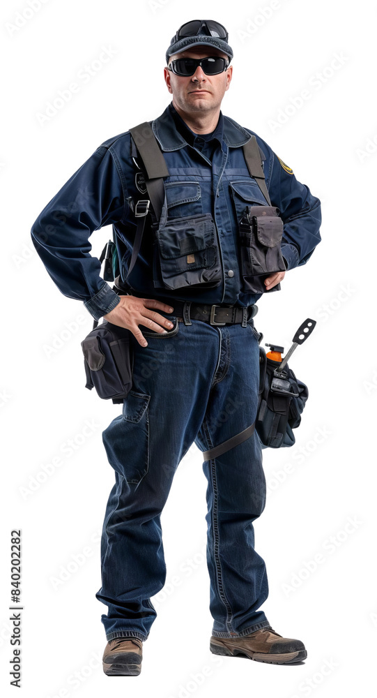 Fototapeta premium PNG of A security guard wearing tactical gear and sunglasses, representing security, protection, and law enforcement.