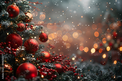 Celebrate the festive season. Christmas background with decorated Christmas tree, sparkling ornament, and festive lighs. Joyful scene cheer of a holiday, vibrant red, green, and gold color scheme. © Korakrich