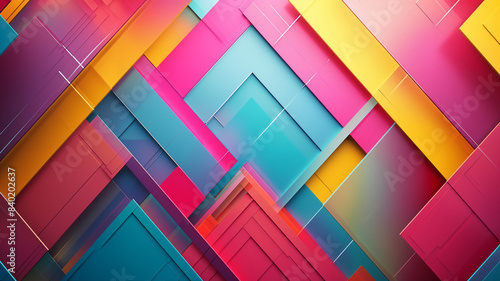Geometric pattern of overlapping colorful rectangles and squares in pink, blue, yellow, and orange.