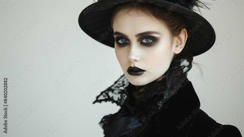 Enigmatic Witch in Elegant Gothic Attire Posing Dramatically Enigmatic Witch in Elegant Gothic Attire Posing Dramatically