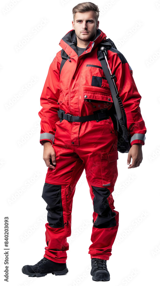 PNG of A man in a red survival suit with black accents, ready for rescue missions and emergency response. PNG of A man in a red survival suit with black accents, ready for rescue missions and emergency response.