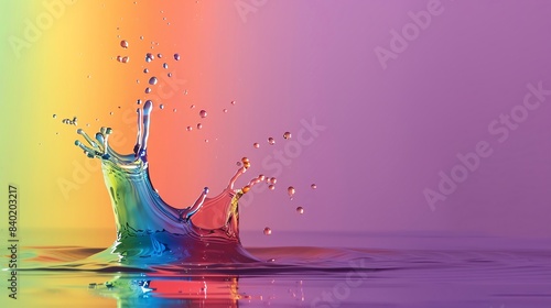 Rainbow liquid splashing in Viscoelasticity, negative space, isolated on black background, advertising photoshoot, pride month LGBTQIA theme photo