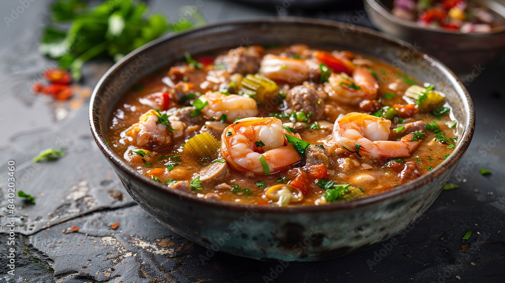 Seafood gumbo with shrimp, crab, andouille sausage, and okra in a bowl. Seafood gumbo with shrimp, crab, andouille sausage, and okra in a bowl.