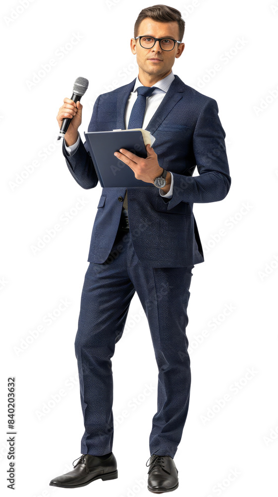 Naklejka premium PNG of Professional reporter in a blue suit holding a microphone and notes, ready to report news and conduct interviews. 