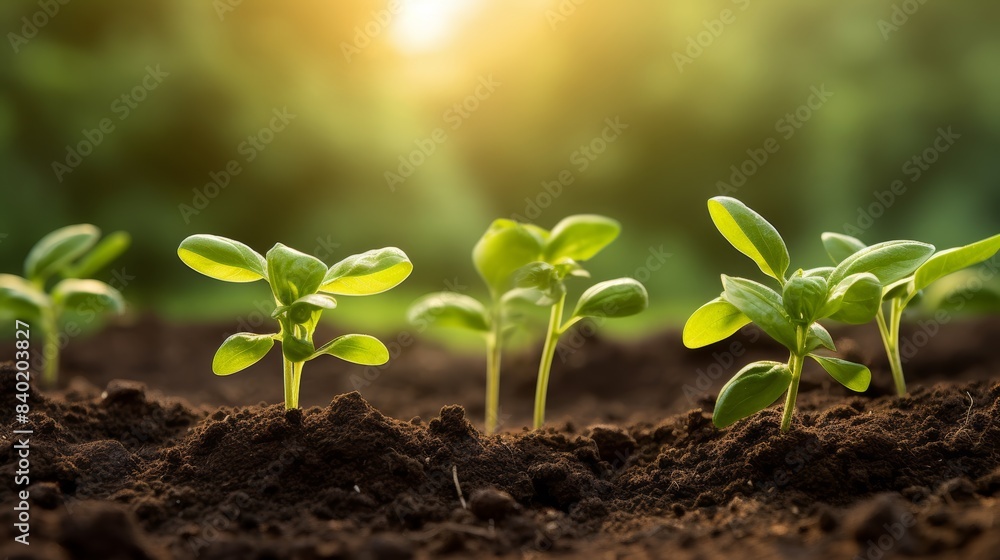 Growing basil plants dynamic growth Birth of new life in nature Seedling growth through rich soil Growing basil plants dynamic growth Birth of new life in nature Seedling growth through rich soil