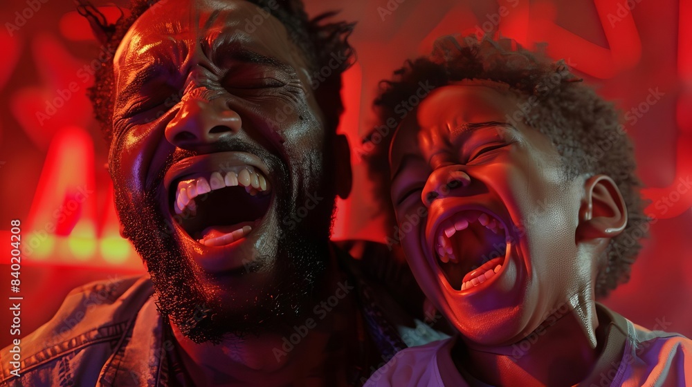 Obraz premium Close-up image of ecstatic African American father and son, laughing together, set against a striking red backdrop, finely detailed in highly realistic CG 3D style