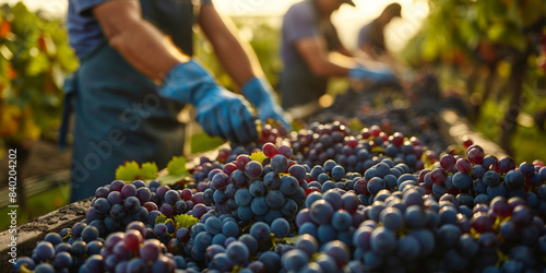 Workers harvesting grapes in a vineyard, showcasing a vibrant scene of agricultural activity with fresh grapes and lush green vines, perfect for themes of farming, harvest, and agriculture..