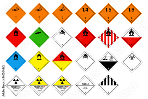 set of globally harmonized system hazard pictograms. Warning symbol GHS hazardous vector. Explosive, Gases, Flammable liquids and solids, GHS and Non ghs transport.