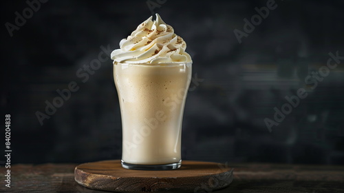 Smooth and velvety vanilla bean frappuccino topped with whipped cream. photo