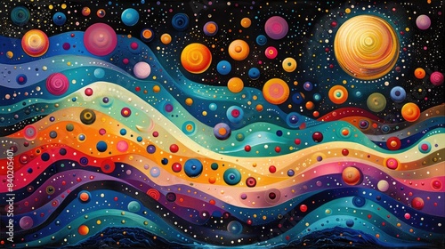 Horisontal abstract illustration of psychedelic colorful swirls and dots, vibrant colors. High quality photo