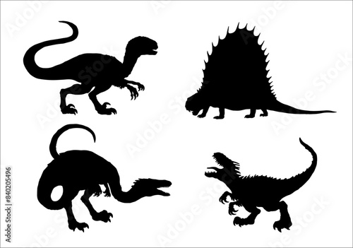 Black silhouette of carnivorous dinosaurs. Velociraptor, Coelophysis, Dimetrodon and Raptor. Vector illustration.	