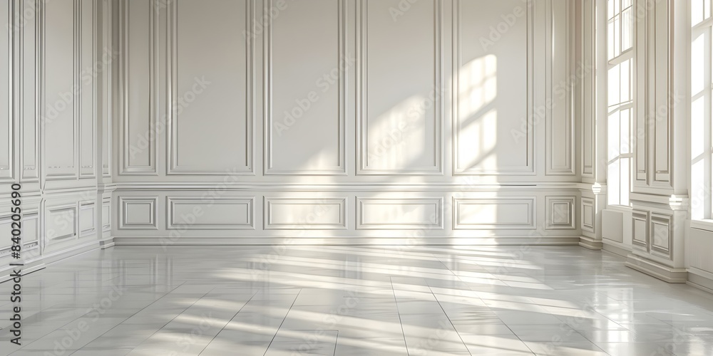 Classic white panel wall with light floors ideal for mockups. Concept Mockup photography, White panel wall, Light flooring Classic white panel wall with light floors ideal for mockups. Concept Mockup photography, White panel wall, Light flooring