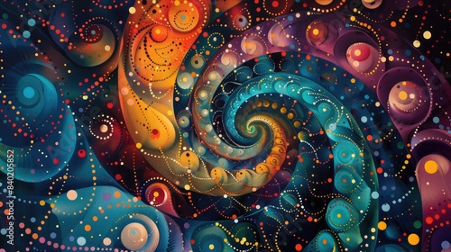 Horisontal abstract illustration of psychedelic colorful swirls and dots, vibrant colors. High quality photo