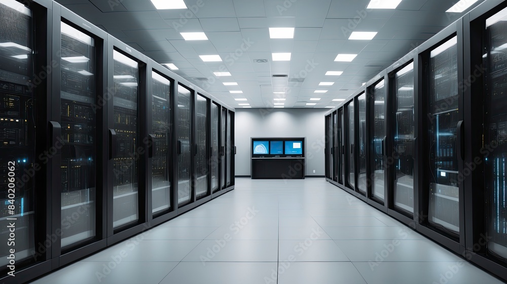 Spacious data center with black server racks and bright ceiling lights. AI-generated Spacious data center with black server racks and bright ceiling lights. AI-generated