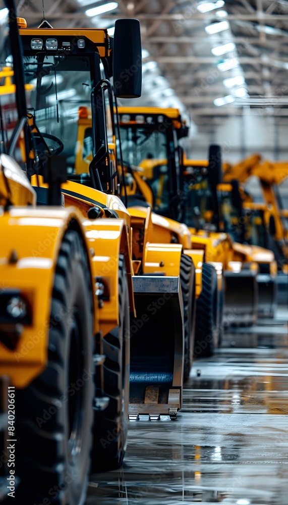 A row of yellow heavy equipment vehicles in an industrial warehouse A row of yellow heavy equipment vehicles in an industrial warehouse