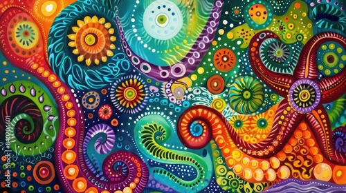 Horisontal abstract illustration of psychedelic colorful swirls and dots, vibrant colors. High quality photo © masyastadnikova