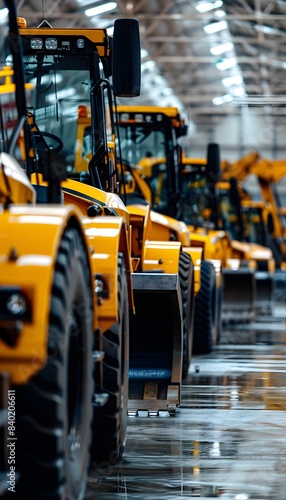 A row of yellow heavy equipment vehicles in an industrial warehouse