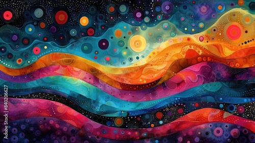 Horisontal abstract illustration of psychedelic colorful swirls and dots, vibrant colors. High quality photo