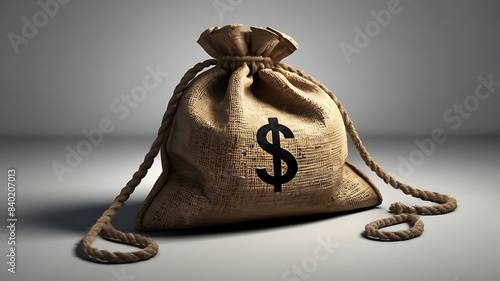 High-Quality Realistic Image of a Burlap Money Bag Isolated on White Background with Prominent Dollar Sign and Thick Rope Tied at the Top, Showcasing Detailed Texture and Filled Appearance with Soft L photo