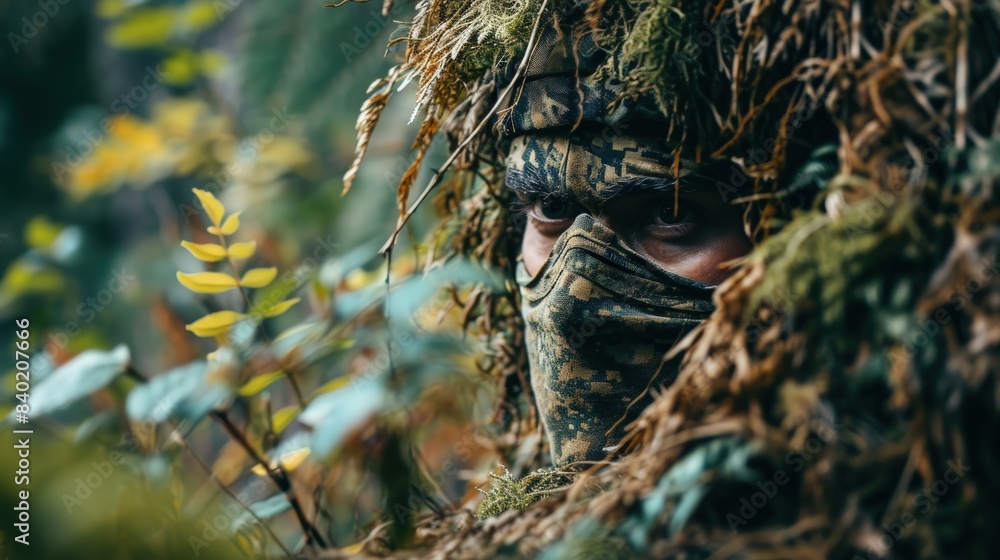 A man in a uniform hid in the forest and is waiting A man in a uniform hid in the forest and is waiting
