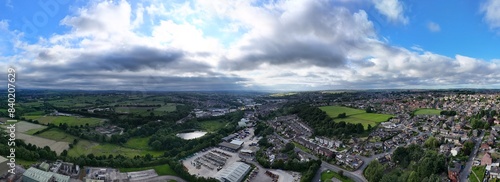 A drone's-eye view captures Dewsbury Moore Council estate's fame, a typical UK urban council-owned housing development with red-brick terraced homes and the industrial Yorkshire photo