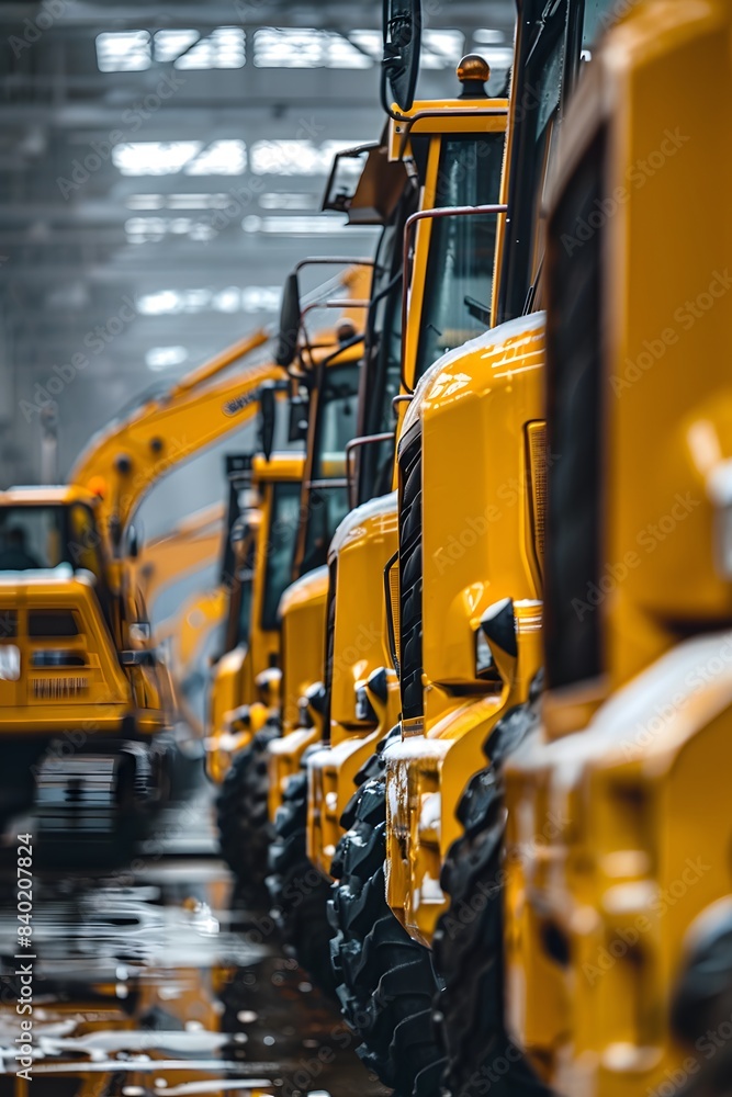 A row of yellow heavy equipment vehicles in an industrial warehouse A row of yellow heavy equipment vehicles in an industrial warehouse