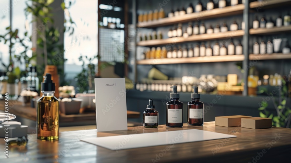 Obraz premium Sensory Symphony Artisan Perfume Lab with Business Cards Blending Tools and Test Vials