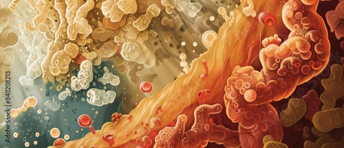 An illustration depicting celiac disease visualizes the immune response in the gut, highlighting the inflammation and damage to the intestinal lining photo