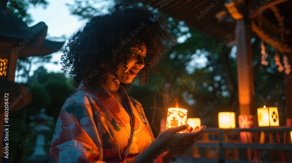 Fototapeta premium A multiethnic female tourist is experiencing Japanese culture and joining mochitsuki event in nature