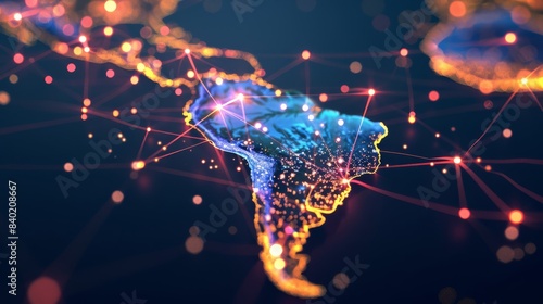 Map of South America lit up by digital connectivity lines