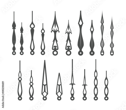 Set of Clock hands set collection, time black pointers, isolated watch arrows, components of analog clocks, antiques vintage watches in steampunk or victorian style, clocks face hour element.