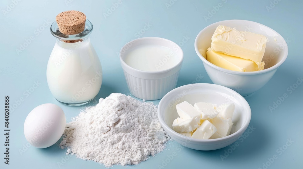 Baking essentials like eggs, flour, sugar, butter, and milk arranged on a light blue surface Baking essentials like eggs, flour, sugar, butter, and milk arranged on a light blue surface