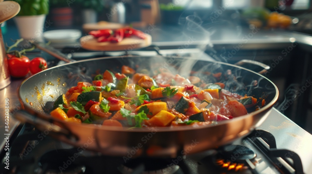 Close-up of cooking vegetable curry in wide copper pan on electric stove in home kitchen Close-up of cooking vegetable curry in wide copper pan on electric stove in home kitchen