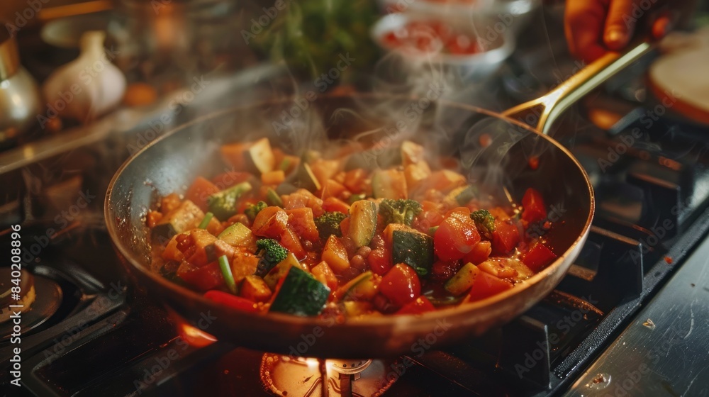Close-up of cooking vegetable curry in wide copper pan on electric stove in home kitchen Close-up of cooking vegetable curry in wide copper pan on electric stove in home kitchen