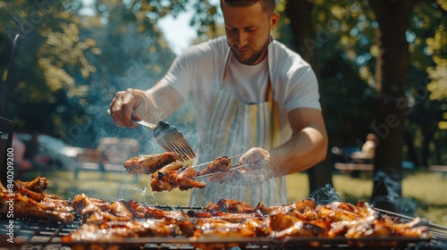 Concentrated man flips chicken wings while grilling a large amount of food on a charcoal grill in a park.