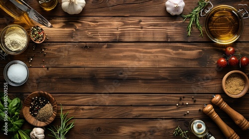 Cooking backgrounds: cooking ingredients and utensils on rustic wooden table with copy space
