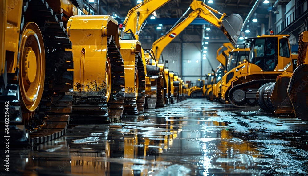 A row of yellow heavy equipment vehicles in an industrial warehouse A row of yellow heavy equipment vehicles in an industrial warehouse