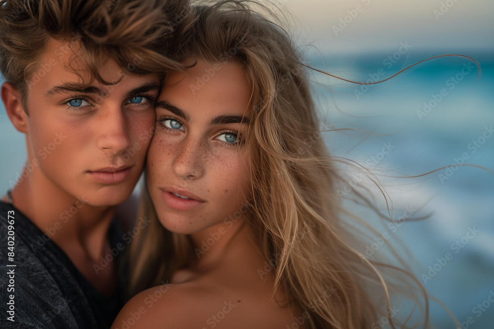 Young embracing couple with blue eyes on the beach. Summer time, summer vacation, summer holiday Young embracing couple with blue eyes on the beach. Summer time, summer vacation, summer holiday