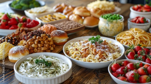 A Spread Of Food On Wooden Table For Party Guests
