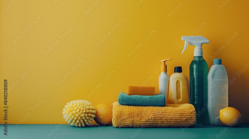 Cleaning Supplies and Towels on Blue Surface With Sunlight Cleaning Supplies and Towels on Blue Surface With Sunlight