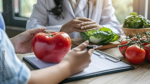 In a consultation, a nutritionist provides detailed dietary advice to help a patient lower their cholesterol levels photo