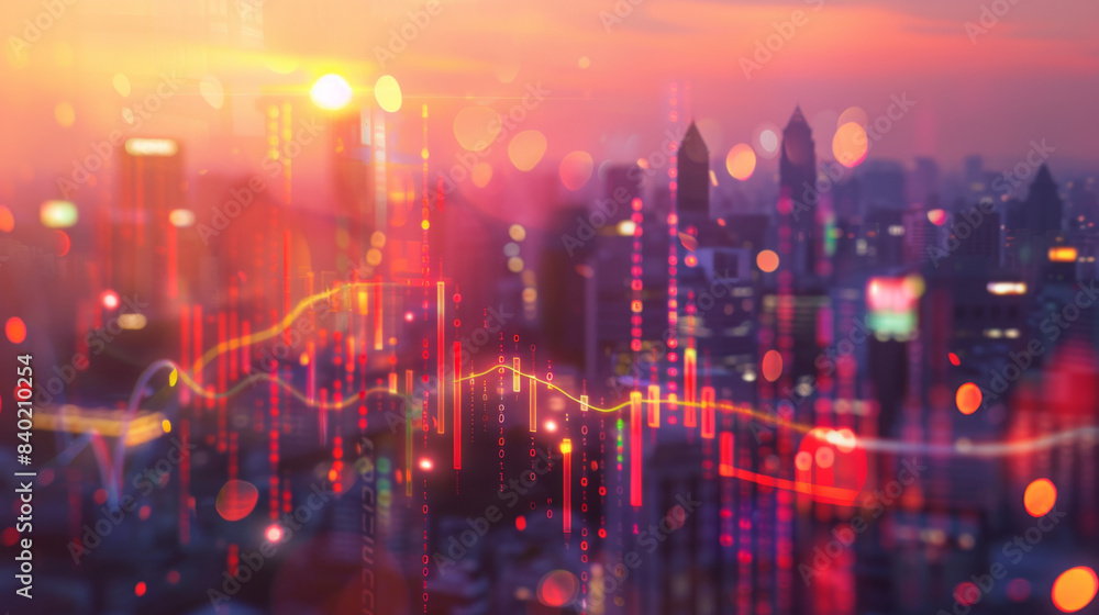 City skyline at sunset with abstract financial data overlay, highlighting the intersection of urban life and financial trends. Sunset Cityscape with Financial Data Overlay
City skyline at sunset with abstract financial data overlay, highlighting the intersection of urban life and financial trends. Sunset Cityscape with Financial Data Overlay