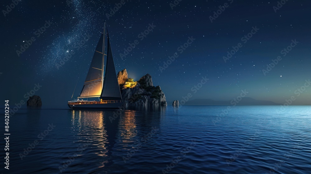 Sailboat with rock island in the sea at night. Sailboat with rock island in the sea at night.